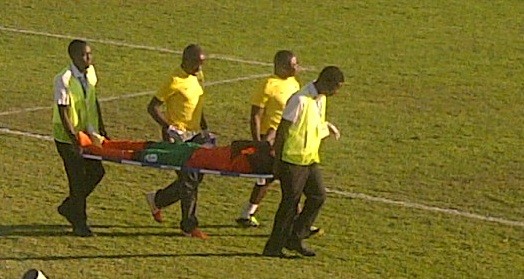 Ronald Kampamba carried off the pitch on a stretcher after going down unchallenged. Could have pulled a muscle.